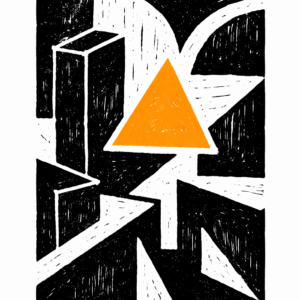 Linogravure en noir et blanc représentant des motifs urbains géométriques, avec un triangle jeune utilisé comme accent graphique
