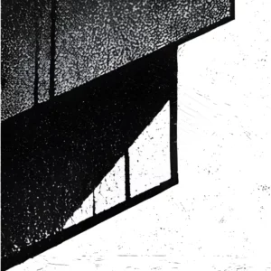 Linogravure en noir et blanc représentant une architecture de style brutaliste, avec un traitement graphique en pointillé et des formes volontairement abstraites