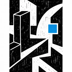Linogravure en noir et blanc représentant des motifs urbains géométriques, avec un carré bleu utilisé comme accent graphique
