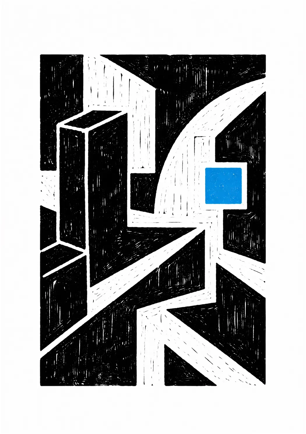 Linogravure en noir et blanc représentant des motifs urbains géométriques, avec un carré bleu utilisé comme accent graphique