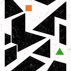 Linogravure abstraite en noir et blanc composée de formes géométriques angulaires, avec un carré orange et un triangle vert utilisés comme accents graphiques