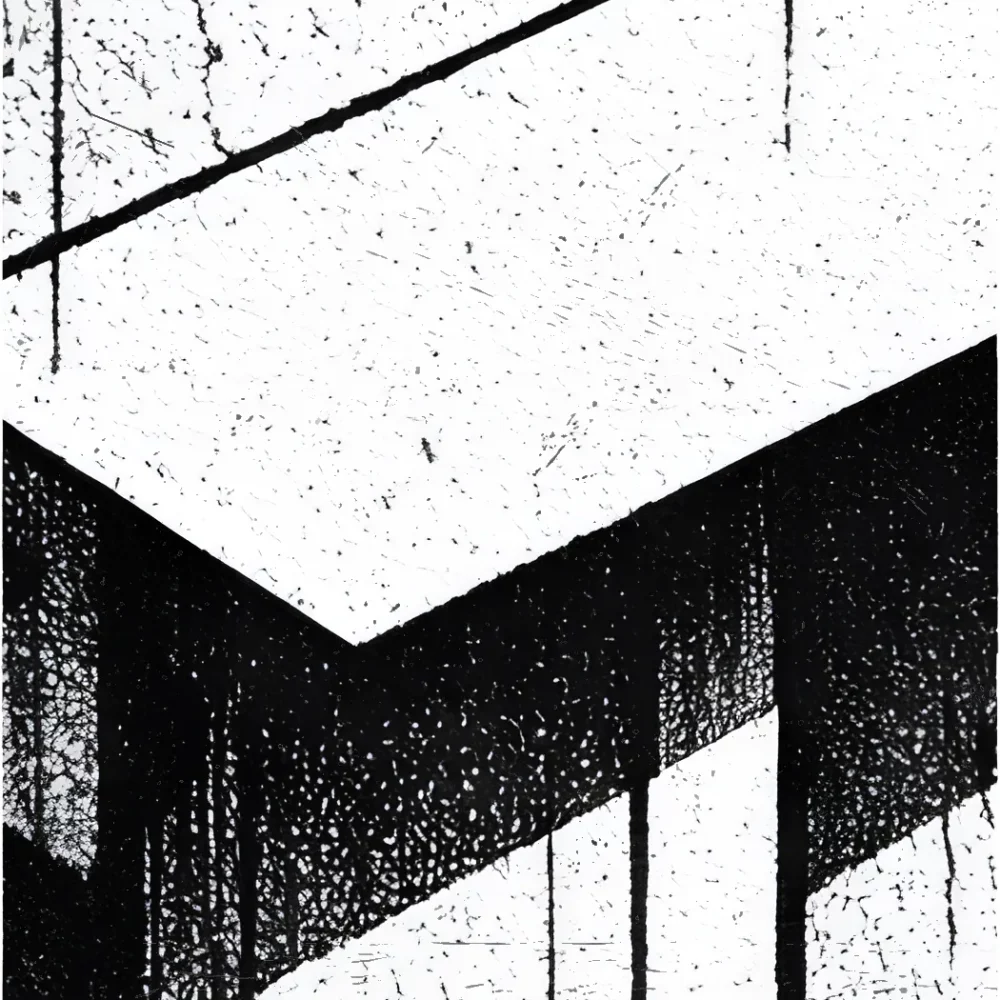Linogravure architecturale en noir et blanc, aux formes géométriques épurées