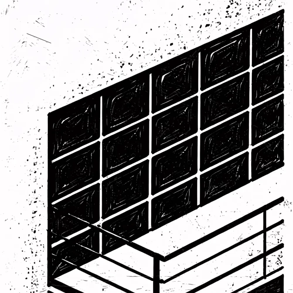 Linogravure en noir et blanc représentant des pavés de verre intégrés à un mur, avec une balustrade, dans une composition architecturale graphique